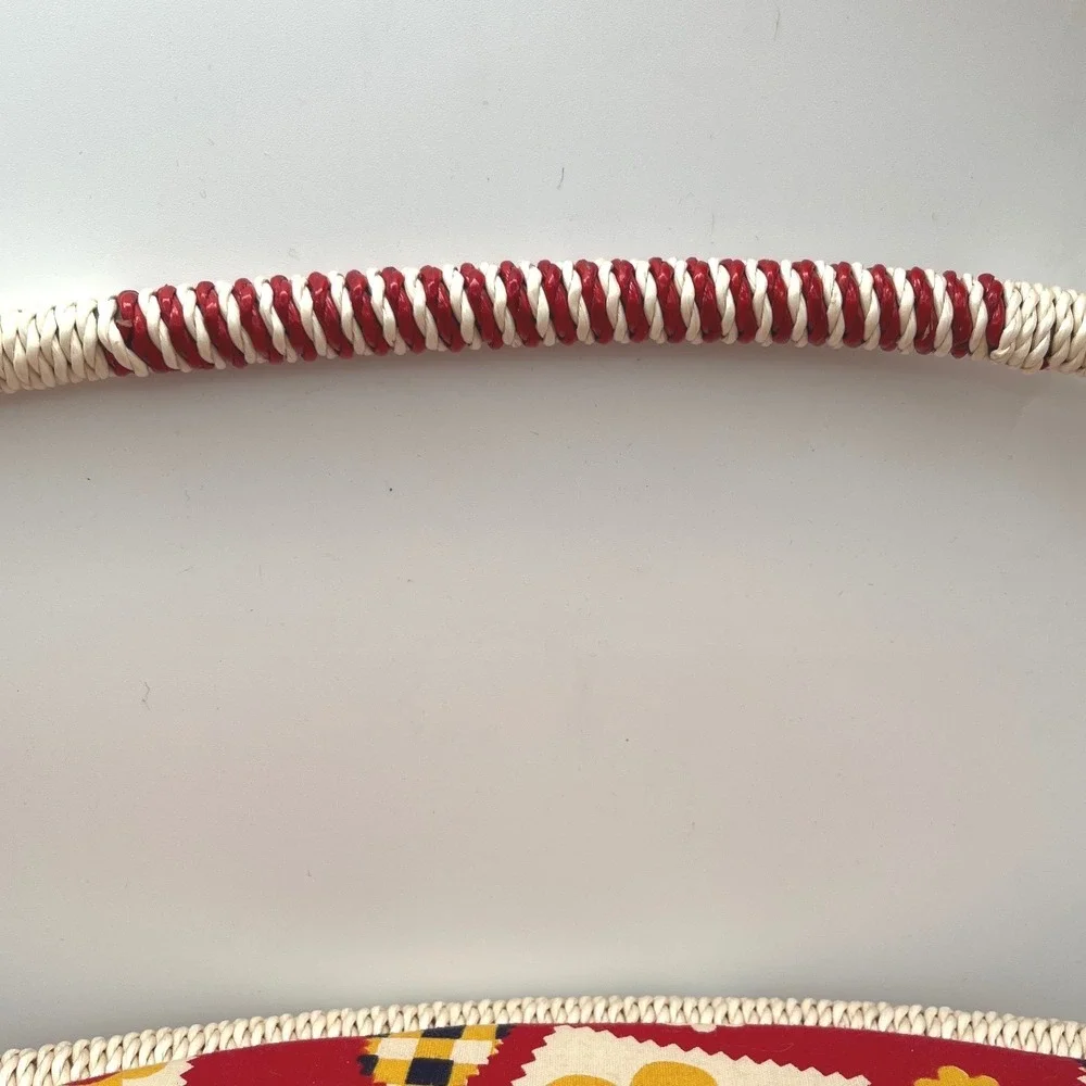Vtg 70s Wicker Sewing Basket Retro Red Yellow Floral Mid Century Flower Power